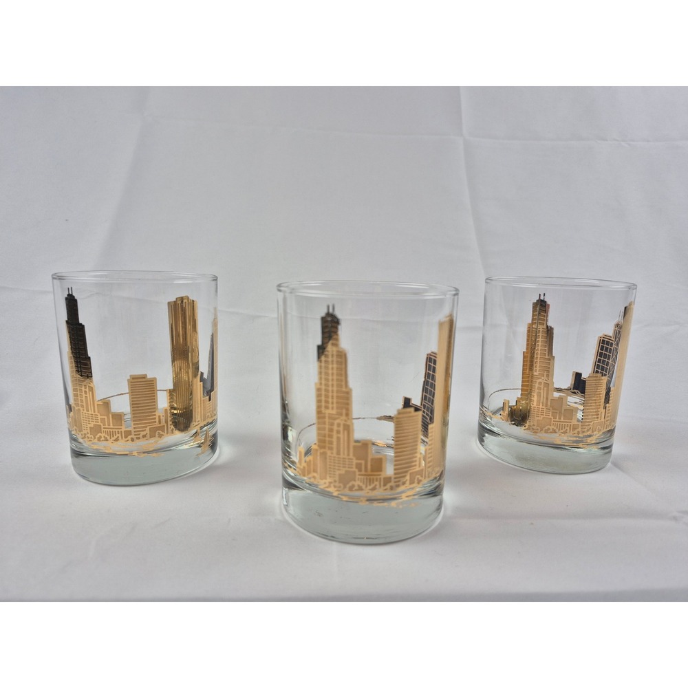 Vintage Marshall Field's Chicago Skyline Gold Rocks Glasses Set of 3 Lowball MCM